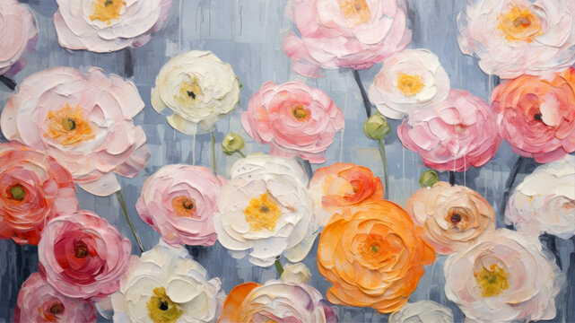 Painting of ranunculus flowers in pastel colors on blue background