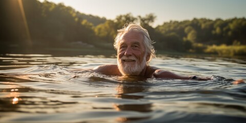 old healthy male man swiming in river fresness cheerful lifestyle nature background - obrazy, fototapety, plakaty
