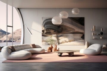 Blush Pink Contemporary Lounge with Panoramic Mountain View, Oversized Abstract Art, Neutral Toned Sofas, and Delicate Hanging Lamps