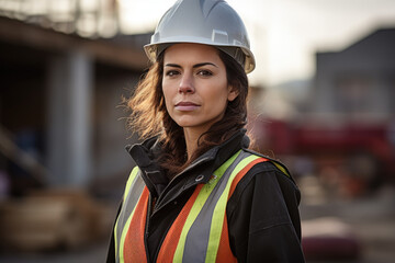Architect Concept: A female architect at a construction site, looking determined