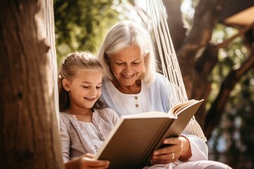 old senior grandmother in swing easy comfort hammock with her child girl nephew reading book together happiness cheerful at home healthy lifestyle - obrazy, fototapety, plakaty