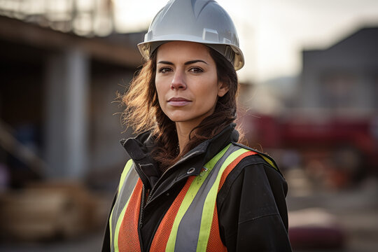 Architect Concept: A female architect at a construction site, looking determined
