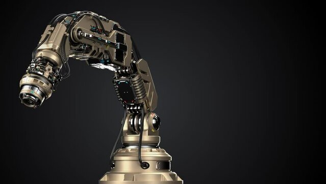 Robotic arm, mechanical hand or Industrial robot manipulator. Futuristic industrial technology. Side view isolated on black background. 3d rendering animation with alpha