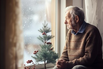 Depressed sad looking old man near a window. Dramatic concept for mental illness, alzheimer, dementia, depression, grief. - obrazy, fototapety, plakaty