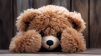 Child abuse concept. Teddy bear covering eyes.