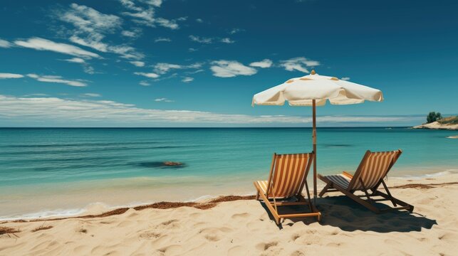 inviting image of a pristine tropical beach, with a comfortable sun lounger and protective umbrella ready for your perfect, serene vacation getaway. Ai generated