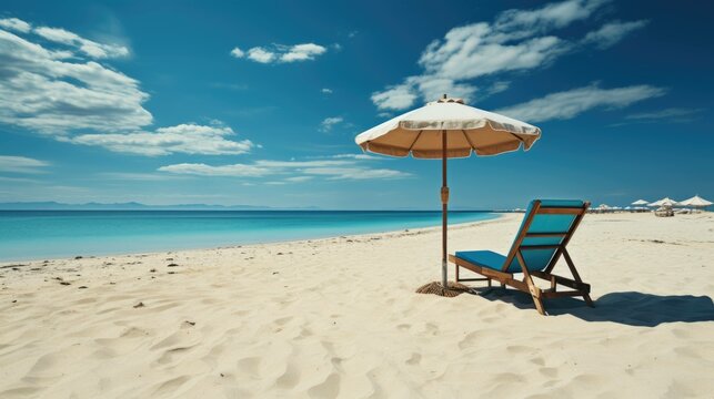 inviting image of a pristine tropical beach, with a comfortable sun lounger and protective umbrella ready for your perfect, serene vacation getaway. Ai generated
