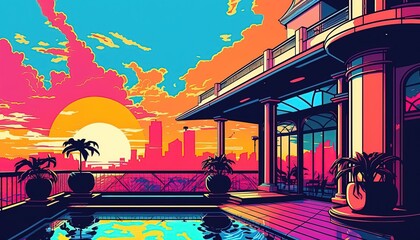 City pop beach evening pop art, Vivid color, Sunset. Generative AI illustrations