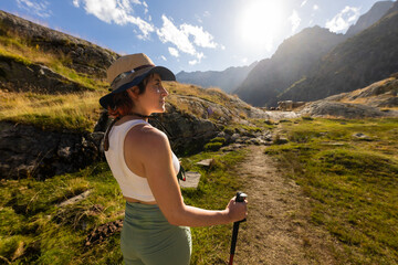 woman walking in mountain hiking, healthy life happy traveling world