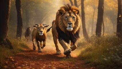 A Lion running behind goat in Forest.