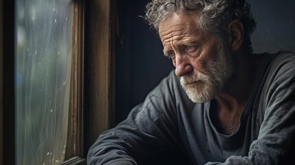 Depressed sad looking old man near a window. Dramatic concept for mental illness, alzheimer, dementia, depression, grief. - 665746183