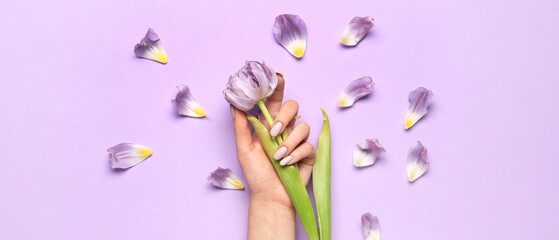 Obraz na płótnie Canvas Female hand with beautiful manicure and flower on lilac background