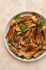 baked, oven-baked fennel, with spices, in olive oil, homemade, no people,