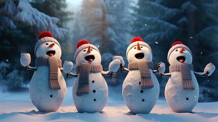 Snowman Quartet Serenading Under Starlit Winter Night, generative ai