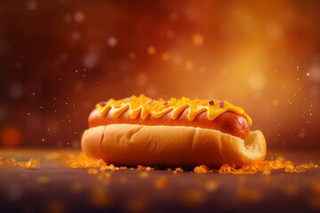 Food concept. Tasty looking classic hot dog sandwich in bright shiny background with copy space. Commercial food style - obrazy, fototapety, plakaty