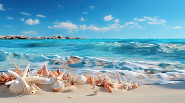 captivating image of vibrant starfish and delicate seashells laid on the pristine sands of a tranquil tropical beach, embodying the serene and magical spirit of the ocean. Ai generated