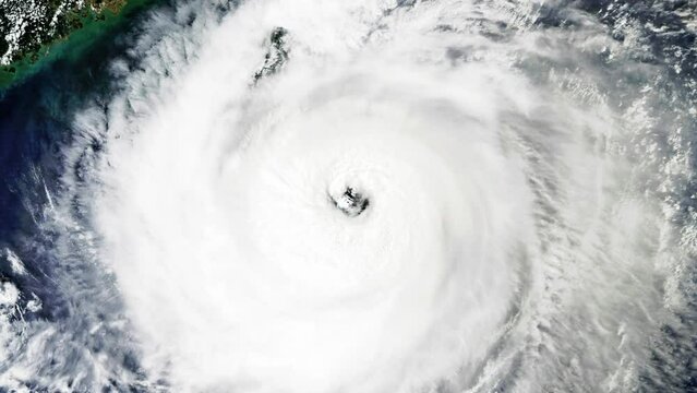 Rotating clouds hurricane eye, view from satellite, animation based on image by Nasa