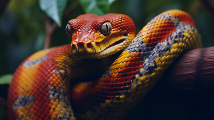 Obraz premium Vibrant Close-up of Exotic Snake with Iridescent Scales, Perfect for Wildlife and Nature Enthusiasts, Captured via Generative AI
