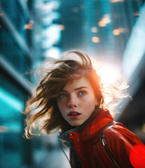 Young woman with a alert expression looking over her shoulder, hinting at the dangers of the big city