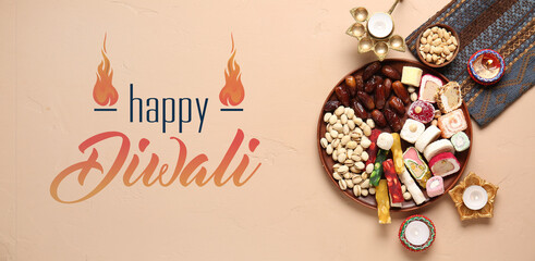 Greeting card for Happy Diwali (Festival of lights) with sweet treats, candles and lamp