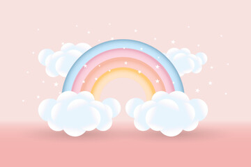Rainbow with clouds and stars on a pink background, childish design in pastel colors. Background, illustration, 3d baby shower, vector