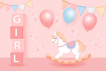 3D baby shower for girls. Children's toys, rocking horse and balloons in pastel colors on a starry background. Game room background, vector