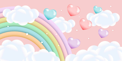 Rainbow with clouds and balloons on the starry sky, children's design in pastel colors. Background, 3d baby shower, illustration, vector. © Tatiana