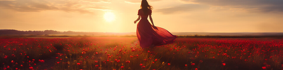 cinematic scene, a young woman wearing a long red dress running in a field full of flowers during sunrise