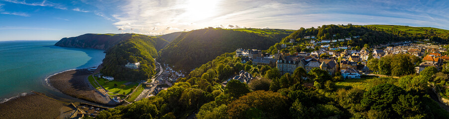 Aerial view of Lynton, a town on the Exmoor coast in the North Devon district in the county of Devon, England