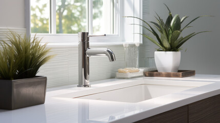 A modern sink with a shiny chrome faucet in a clean, organized bathroom, ready for use.hygiene concept