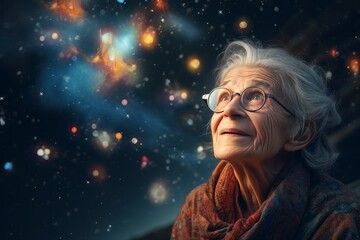 Astronomer starry sky night old woman. Star science. Generate Ai