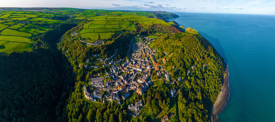 Aerial view of Lynton, a town on the Exmoor coast in the North Devon district in the county of...