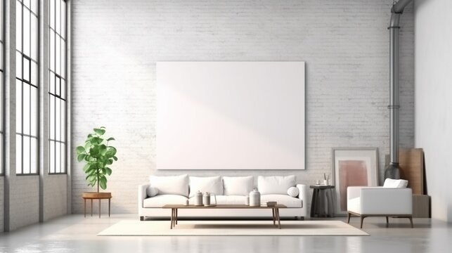 gallery wall with large blank white picture mockup.Generative AI