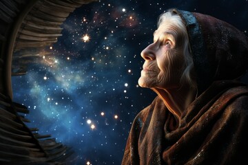 Gleaming Astronomer starry sky night old woman. Star science. Generate Ai