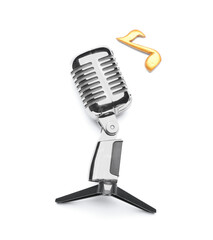 Retro microphone and music note on white background