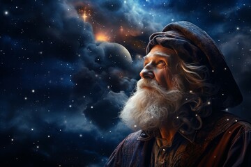 Knowledgeable Astronomer old man starry sky night. Astrology dark. Generate Ai - obrazy, fototapety, plakaty