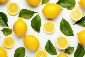 Background of lemons with green leaves