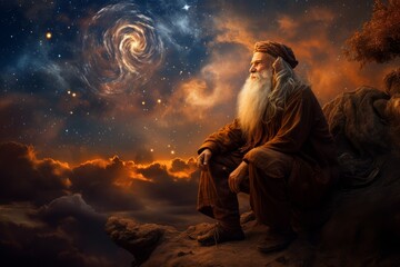 Dedicated Astronomer old man starry sky night. Astrology dark. Generate Ai