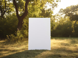 White blank canvas stands upright in the center of a grassy field with a backdrop of trees, exuding a warm and peaceful mood.