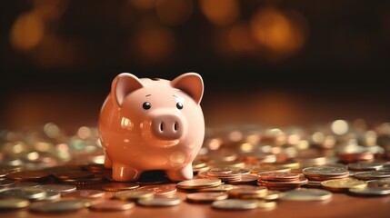 Pink piggy bank and a pile of gold coins savings and financial management concept.