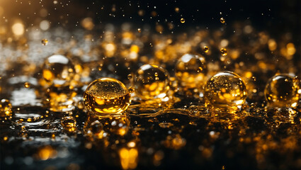 Falling drops of oil. Splash effect after collision a falling drops with water Surface - obrazy, fototapety, plakaty