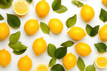 Background of lemons with green leaves