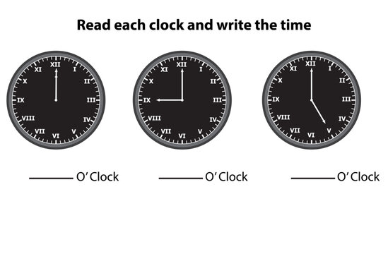 Telling time worksheet. Different color. number clock and Roman letter clock. what is the time? write the time shown on the clock Educational material for primary school students. vector illustration.