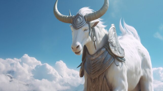 a fantasy creature dressed in white with horns.Generative AI