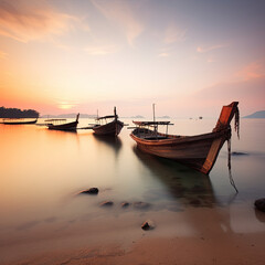 Serenity Unveiled: A Soft Focus Long Exposure Capture of Traditional Thai Boats at Rest, Anchored Near the Shoreline, bathed in the Warm-Toned Embrace of a Koh Mak Beach Sunset