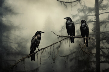 Obraz premium Crows sit on a branch. Gloomy landscape.