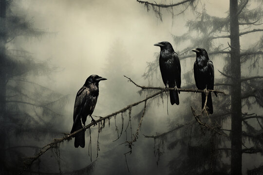 Crows sit on a branch. Gloomy landscape.