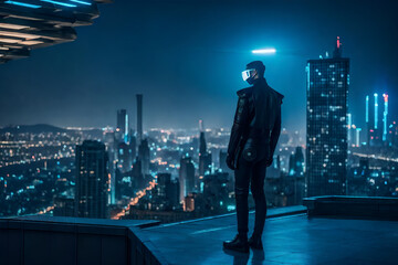 Fototapeta na wymiar Solitude in the Cityscape: A lone figure stands atop a high-rise building in a dark, futuristic setting, gazing over the sprawling city below.