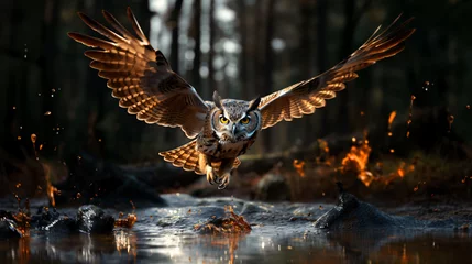 Foto op Canvas Photograph of a brown wood owl flying in a peaceful forest. Generative AI © Hizaz