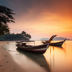 Serenity Unveiled: A Soft Focus Long Exposure Capture of Traditional Thai Boats at Rest, Anchored Near the Shoreline, bathed in the Warm-Toned Embrace of a Koh Mak Beach Sunset